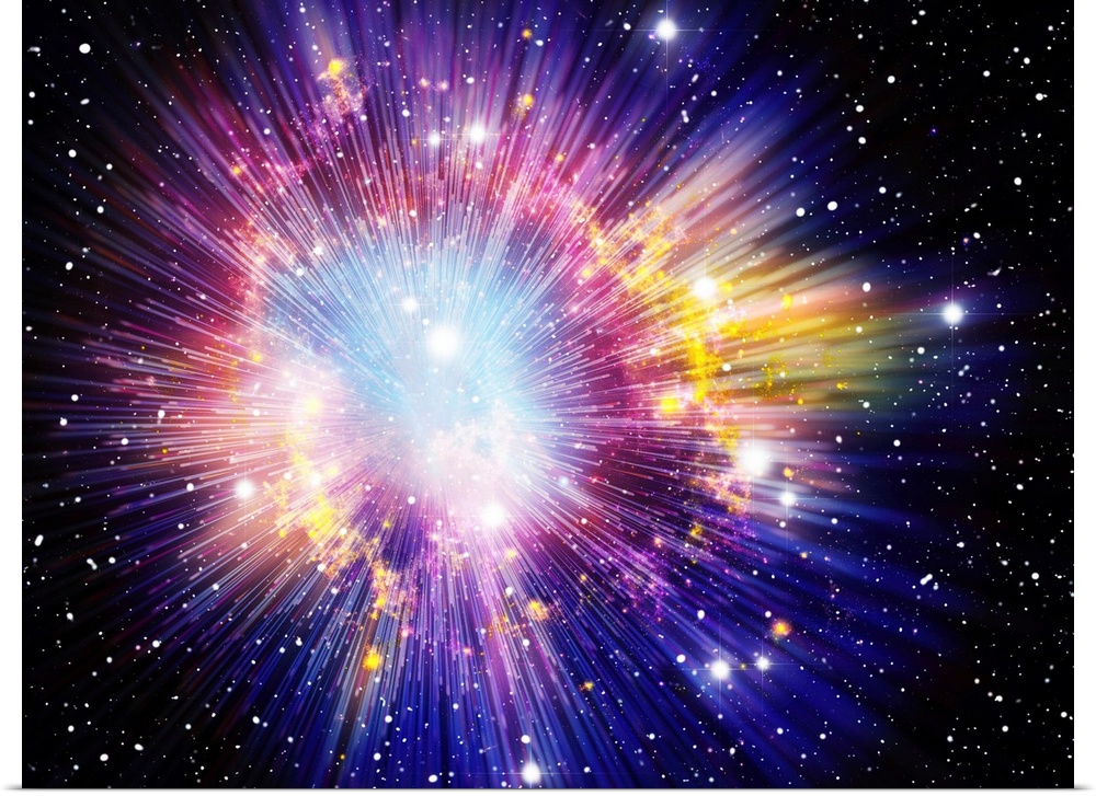 Big Bang, conceptual image. Computer illustration representing the origin of the universe. The term Big Bang describes the...