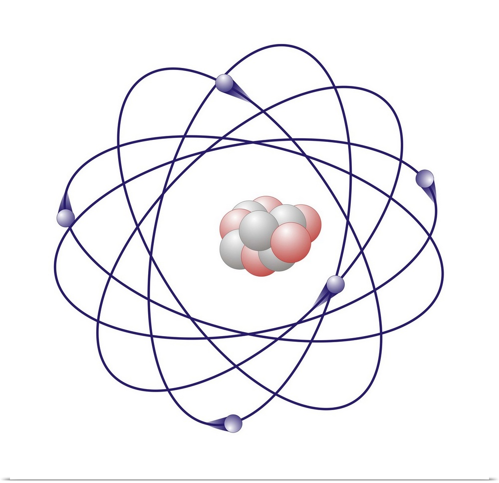 Boron, atomic model. Boron has six neutrons (white) and five protons (pink) in its nucleus (centre). The atom also has fiv...