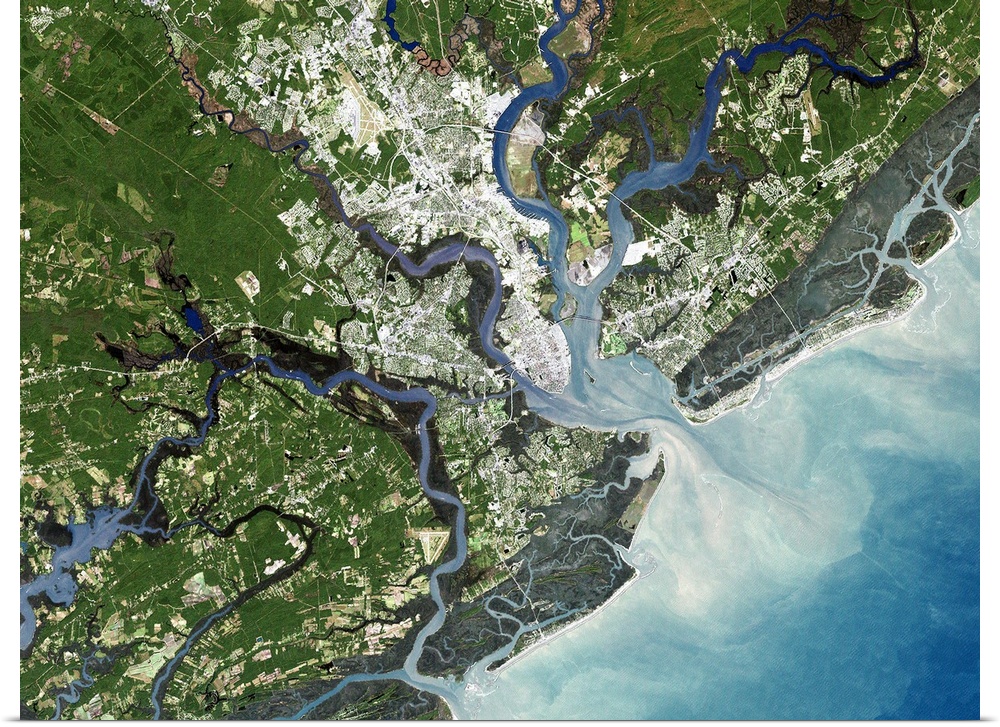 Charleston, South Carolina, USA, satellite image. North is at top, water is blue, shallow coastal areas are light blue, ur...