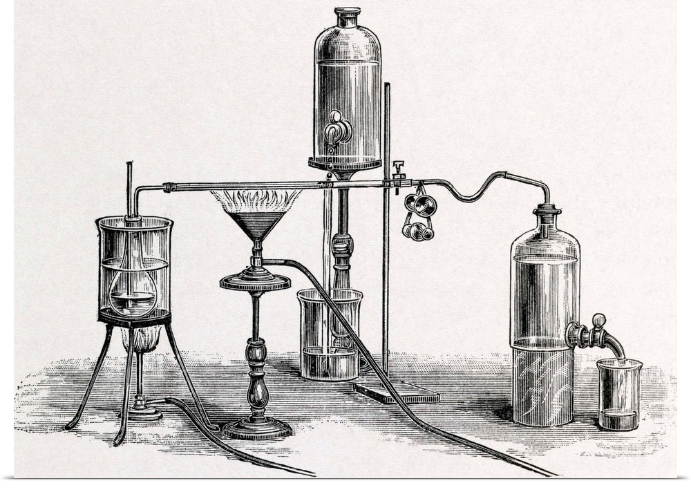 Chloroform analysis, 19th century artwork. Apparatus for the detection of chloroform in forensic investigations. This artw...