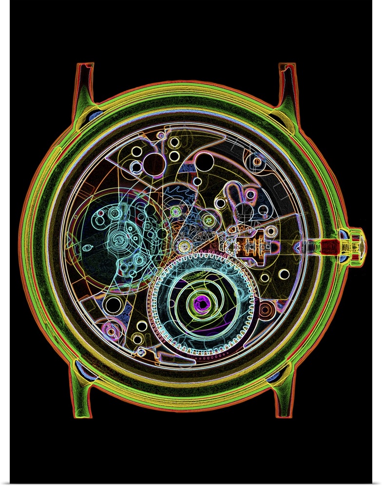 Wrist-watch. Coloured X-ray of a 17-jewel wrist- watch, showing the internal mechanism. Internal cogs and gears of the wat...