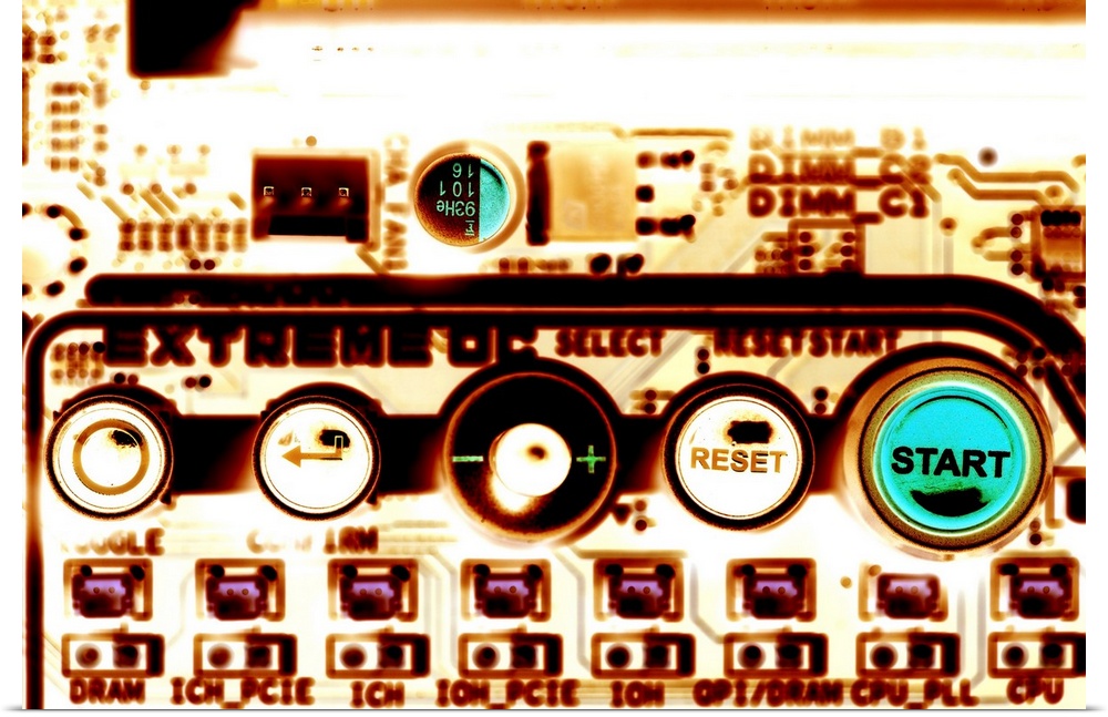 Computer artwork of an Intel core i7 computer circuit board, showing push-buttons and part of the circuitry.