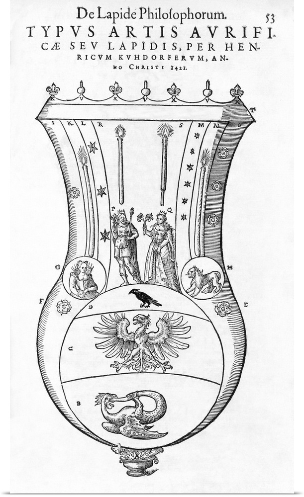 Alchemy. Woodcut illustration of a vessel used to contain the Philosophers' Stone. This was the aim of alchemists, to crea...