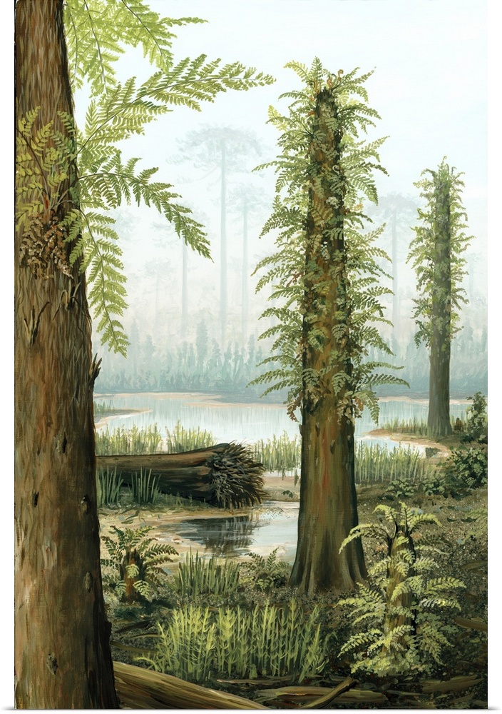 Cretaceous tree ferns. Artwork showing several Tempskya tree ferns, depicted in the Lower to Mid-Cretaceous Period. These ...