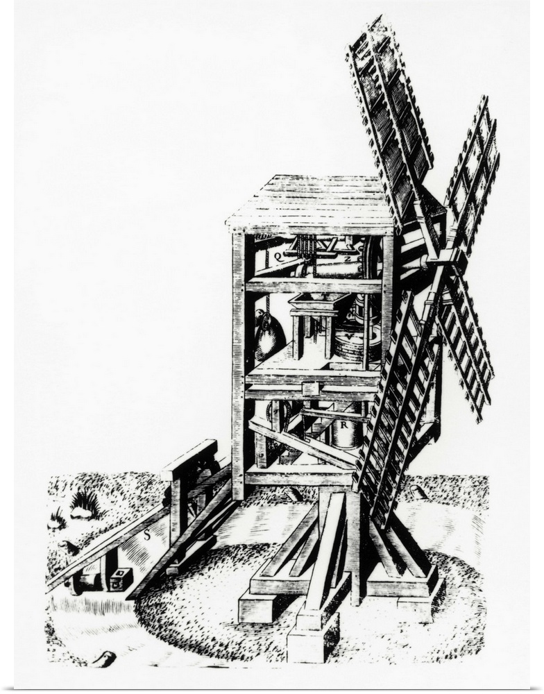 Windmill. 16th century cut-away diagram of a windmill used for grinding corn. The shaft attached to the windmill's rotors ...