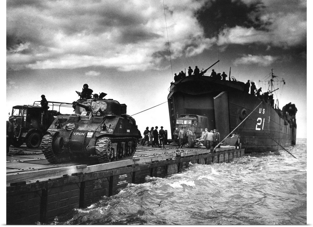 D-Day landings harbour. Mulberry harbour being used to unload troops onto the Normandy coast in France following the D-Day...