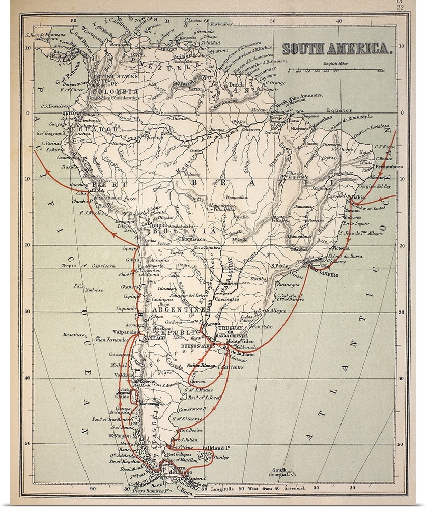 Map of South America with Voyage of the Beagle coloured in red. Appendix from \The Voyage of HMS Beagle\ (Cover Title) by ...