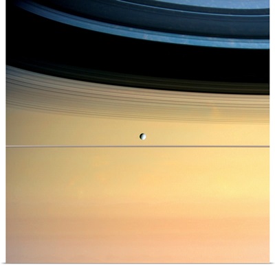 Dione and ring shadows on Saturn, Cassini