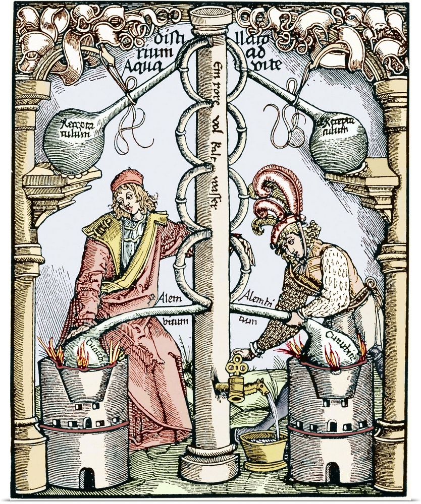 Distillation. Coloured 16th century woodcut depicting apparatus used for distillation. Two liquids to be distilled are bei...