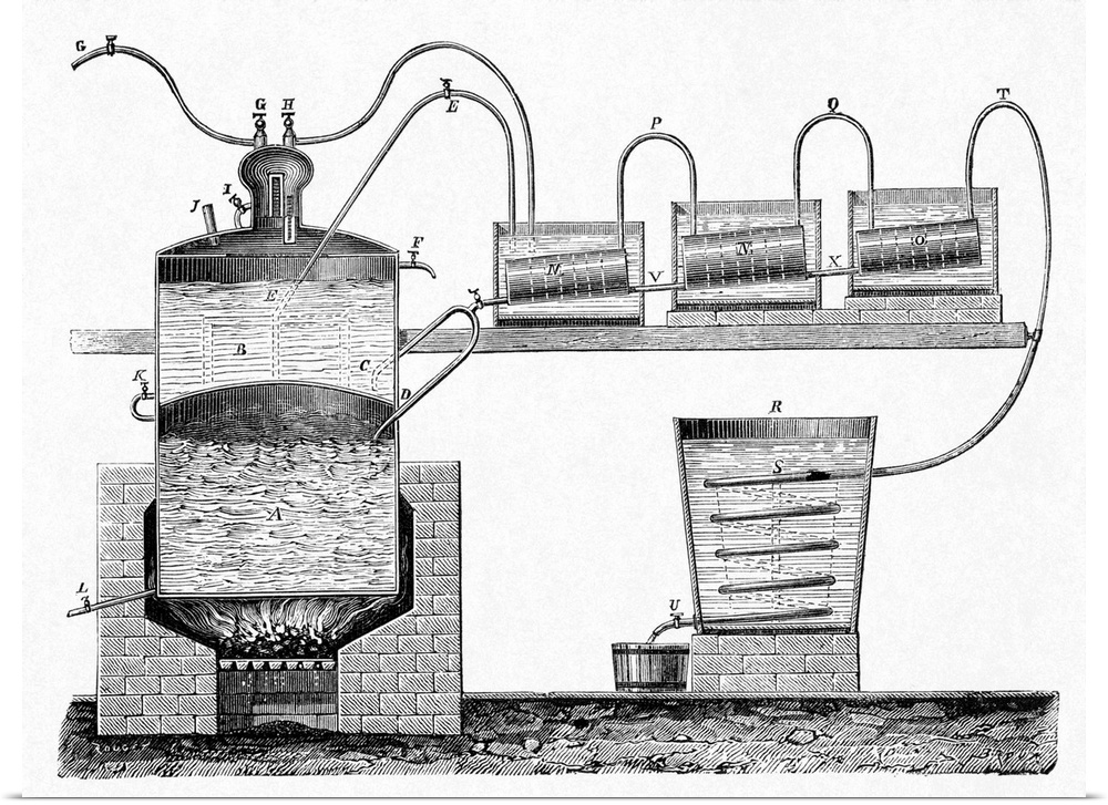 Distillation apparatus, 19th century cutaway artwork. This is the system developed by the French distiller Isaac Berard ci...
