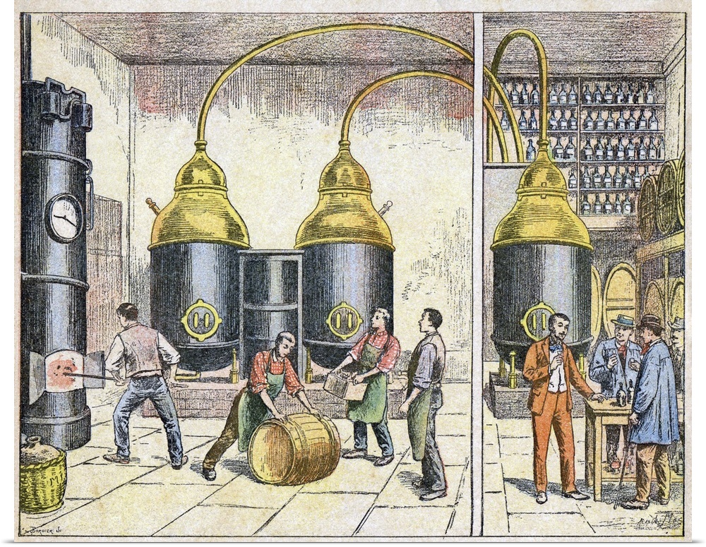Distillery, 19th century artwork. Workers participating in various stages of the distillation process. At left, the boiler...