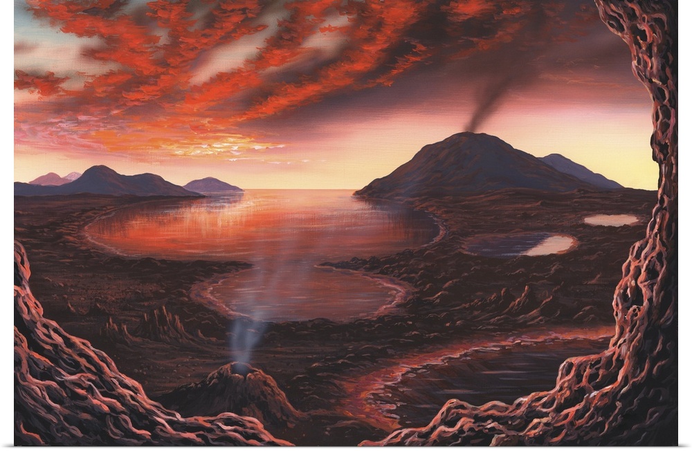 Early Earth. Artwork of a view across the surface of the Earth during the early part of the Precambrian era. The Precambia...
