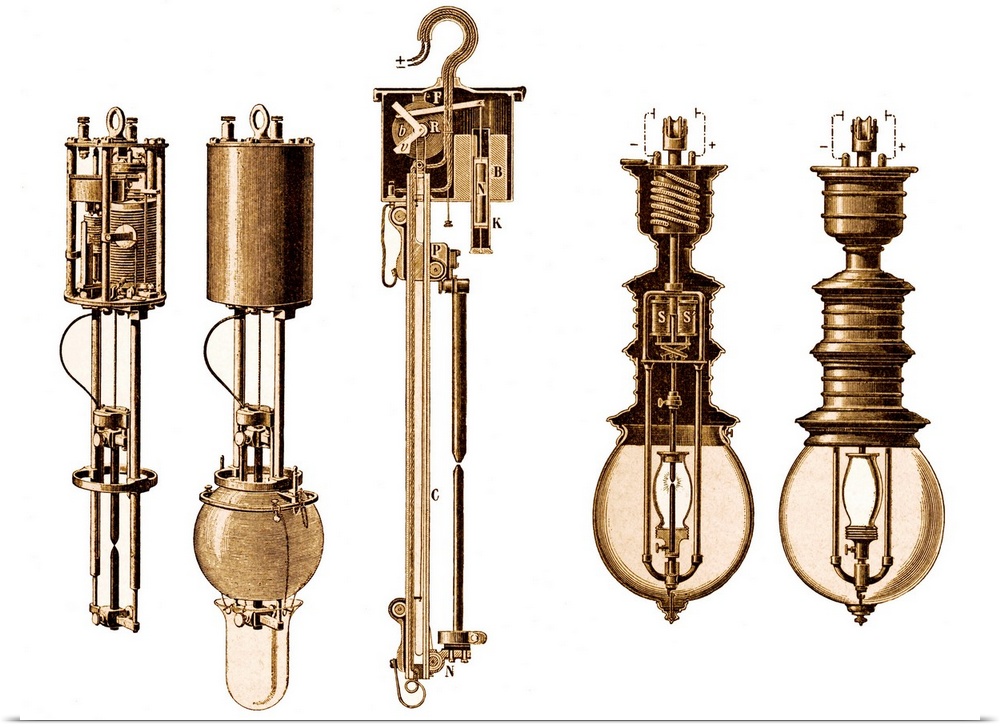 Early electric lamps, historical artwork. Three types of electric lamp are shown here. From left to right: an internal and...