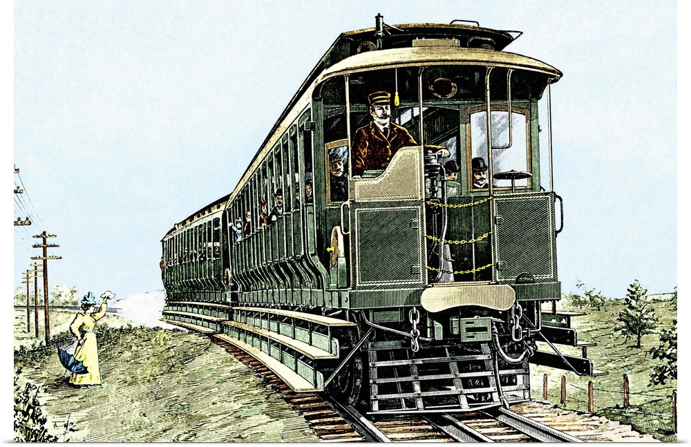 Early electric train. Historical artwork of an early electric train used in Connecticut, USA. This train, running from New...