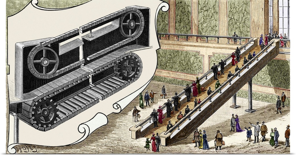 Early escalator. Historical artwork of the design of a proposed 19th-century escalator. This early design used a non-stepp...