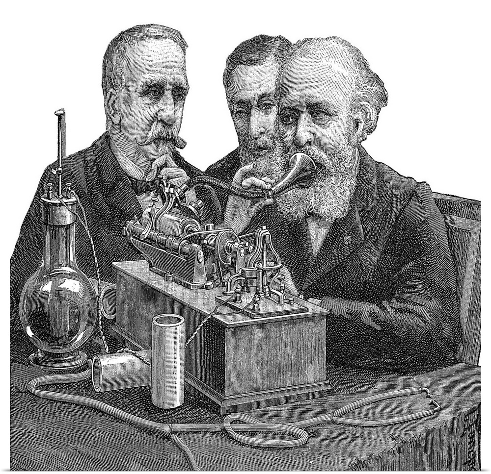 Early telephone. Historical artwork of three men gathered around an early telephone. The man at right is talking into the ...