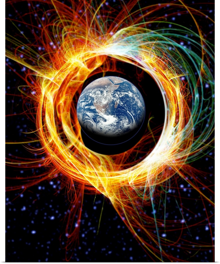 Earth's magnetic field protection. Conceptual computer artwork of the Earth being protected by its magnetic field (magneto...