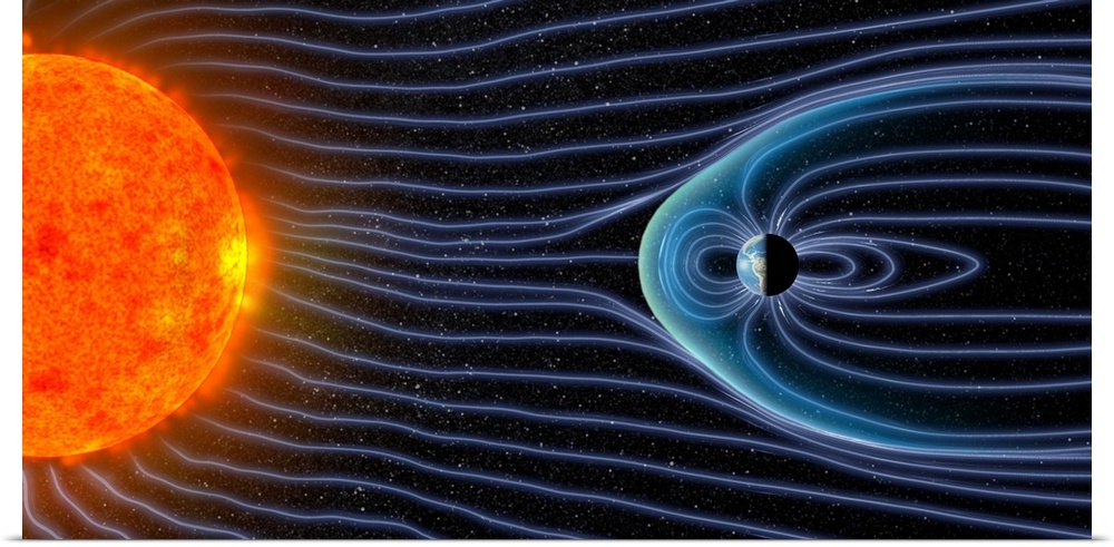 Earth's magnetosphere. Computer artwork showing the interaction of the solar wind with Earth's magnetic field (not to scal...