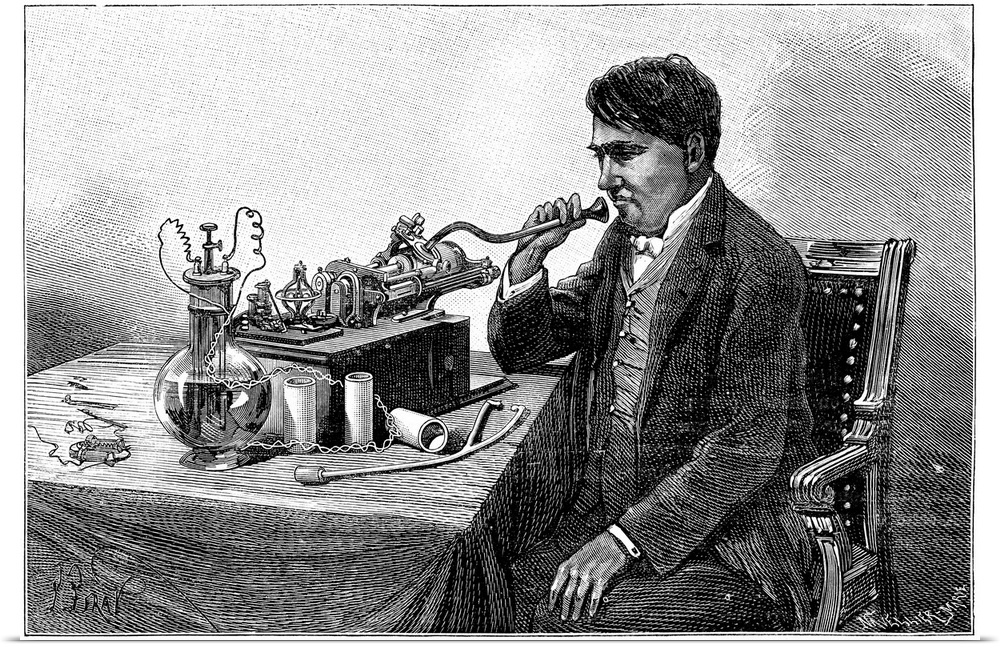 Edison talking into his phonograph, historical artwork. US inventor Thomas Alva Edison (1847-1931) was a prolific inventor...