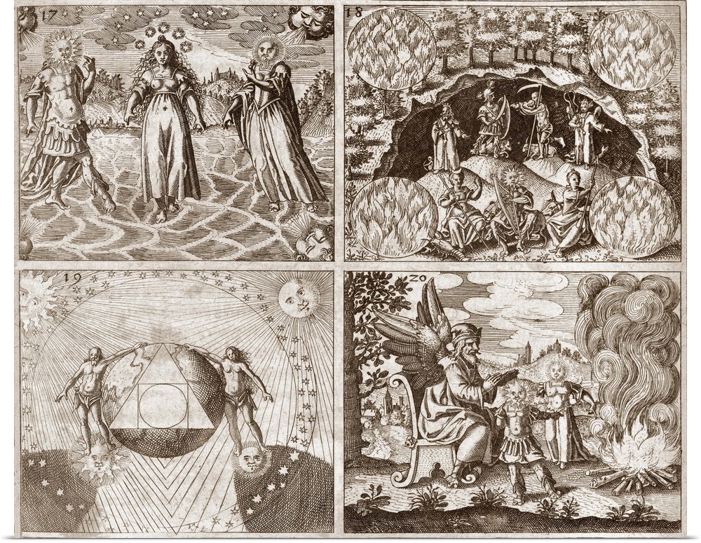 Set of four engraved emblems. At top left a woman wearing the five planets around her head as stars walks across a lake ac...