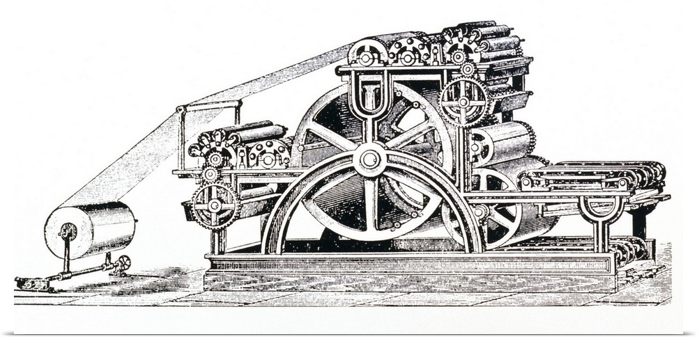 Engraving of a Bullock Rotary Press of 1865. Designed by one William Bullock, this was the first press to use continuous w...