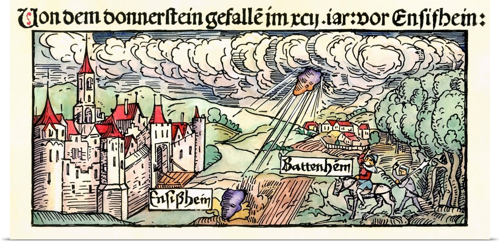 Ensisheim meteor fall. Woodcut showing the fall of a meteorite in 1492 near the villages of Ensisheim and Battenheim (both...