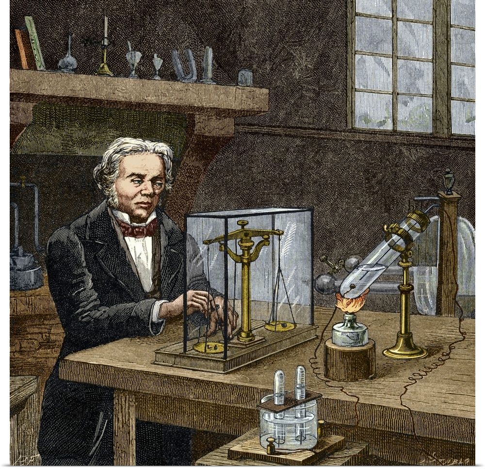 Faraday's electrolysis experiment. Historical artwork of British chemist and physicist Michael Faraday (1791-1867) experim...