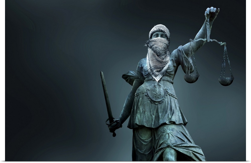 Fighting for justice. Conceptual image of a statue of 'Lady Justice' wearing a traditional Arab headscarf (shemagh or keff...