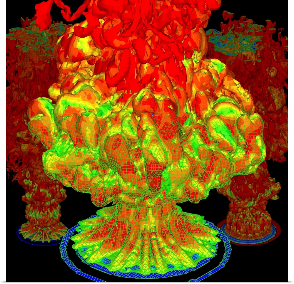 Fire plumes. Computer simulation of large fire plumes. The simulation reveals turbulence and the unstable nature of fire p...