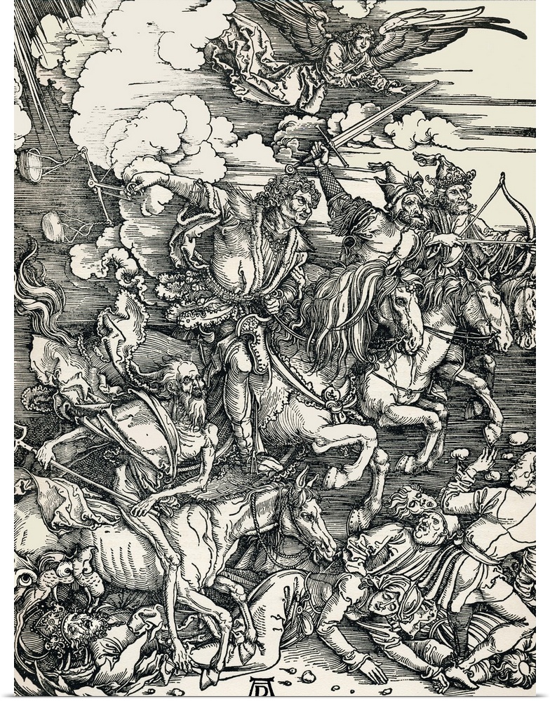 Four Horsemen of the apocalypse, historical artwork (1498) by the German artist Albrecht Durer (1471-1528). The Four Horse...