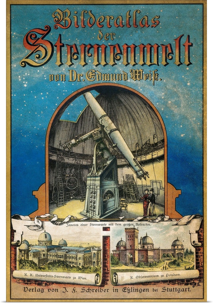 German astronomy atlas, 1882 cover artwork and titles. The name of this atlas (Bilderatlas der Sternenwelt) is across top,...