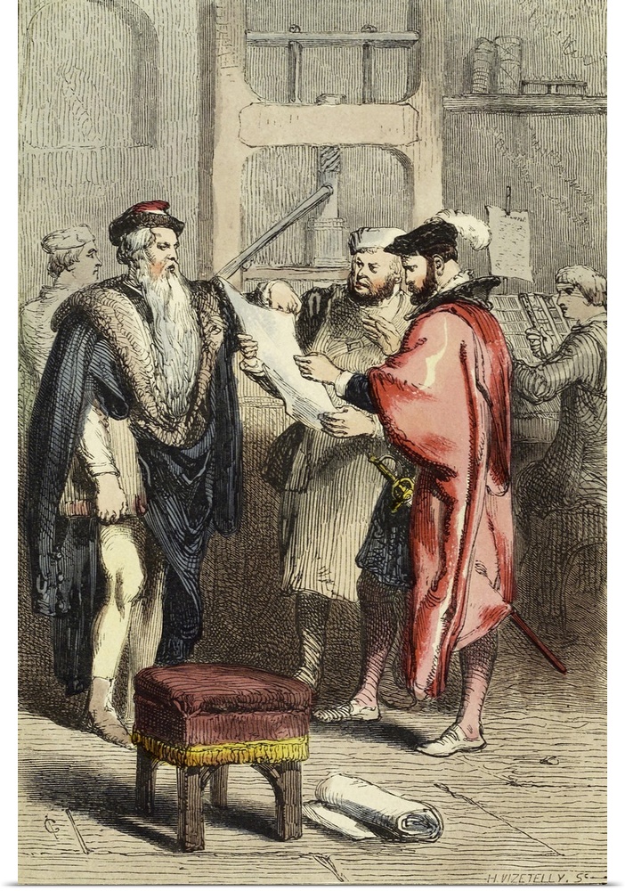 German printing press inventors, Johannes Gutenberg (right) Johann Fust (left) and Peter Schoeffer (centre), coloured artw...