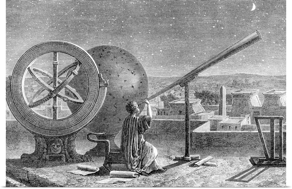 Hipparchus (c.190-c.120 BC), Ancient Greek astronomer, at the Alexandria Observatory, Egypt. At left is the armillary sphe...