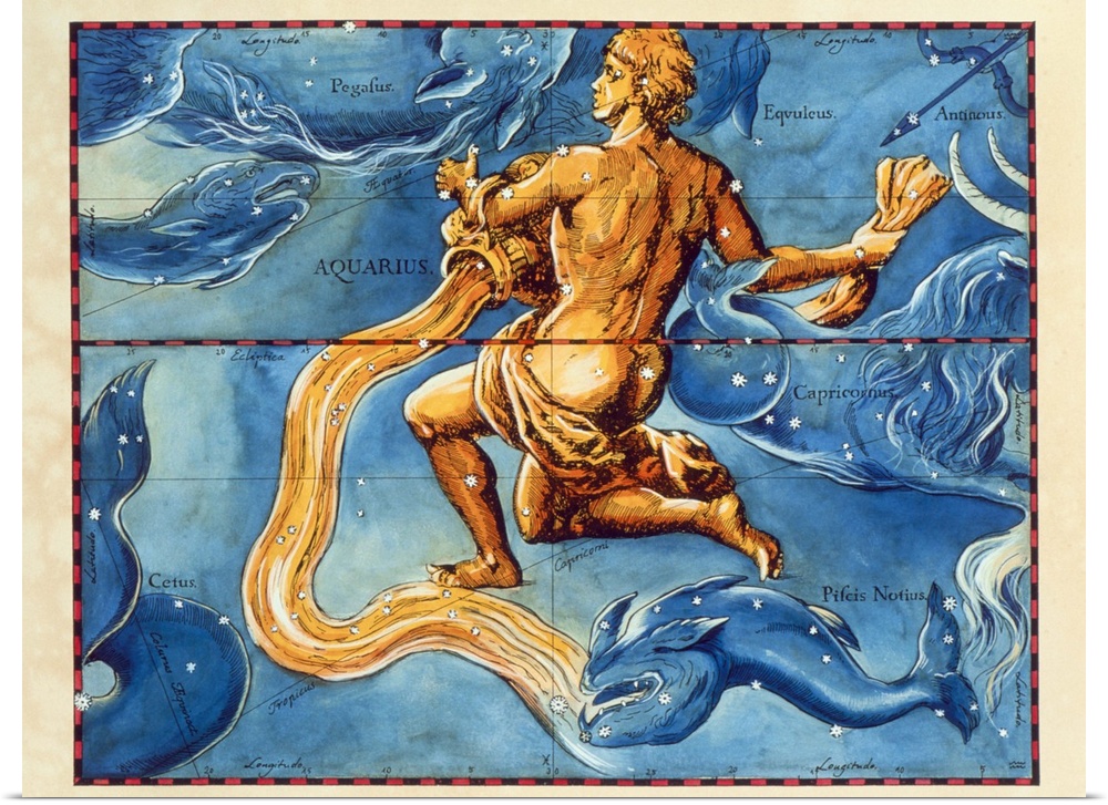 Aquarius. Coloured historical artwork of the constellation of Aquarius. The constellation is depicted as a man pouring wat...