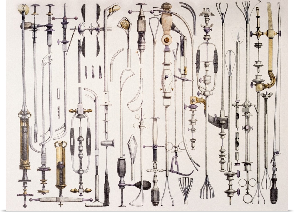 Surgical instruments, historical anatomical artwork. This 19th century textbook illustration shows different instruments u...