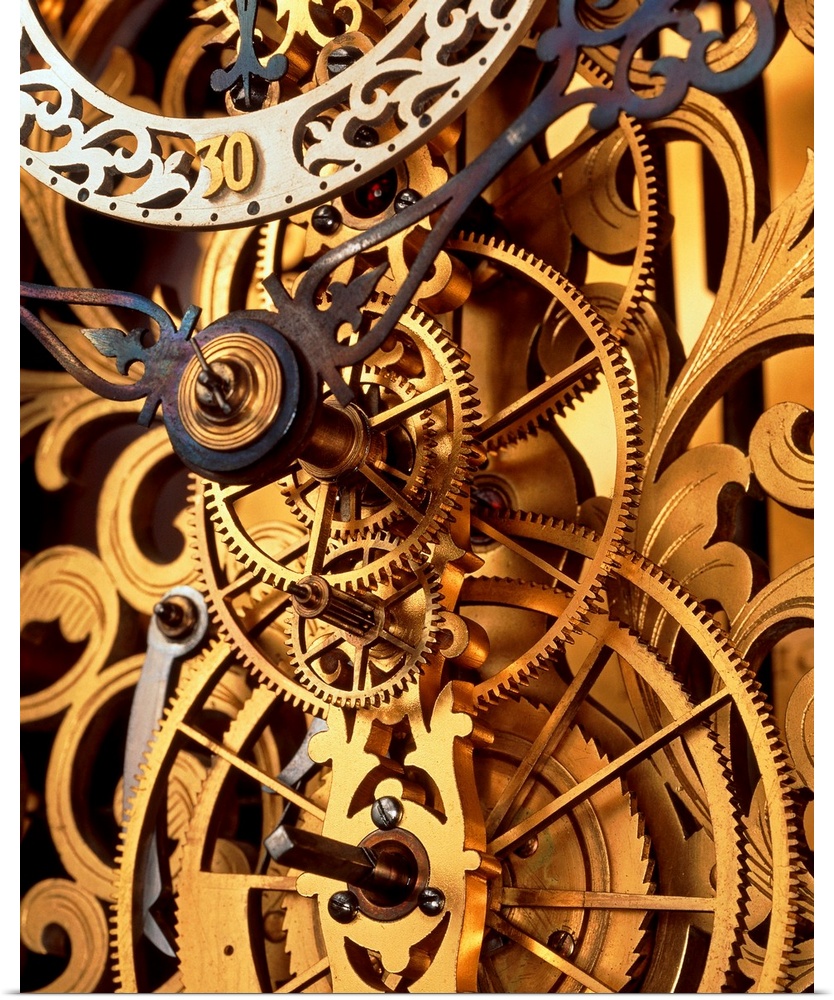 Clock cogs. Internal gears and cogs in an antique clock on a decorative background. At upper left is the pivot for the hou...