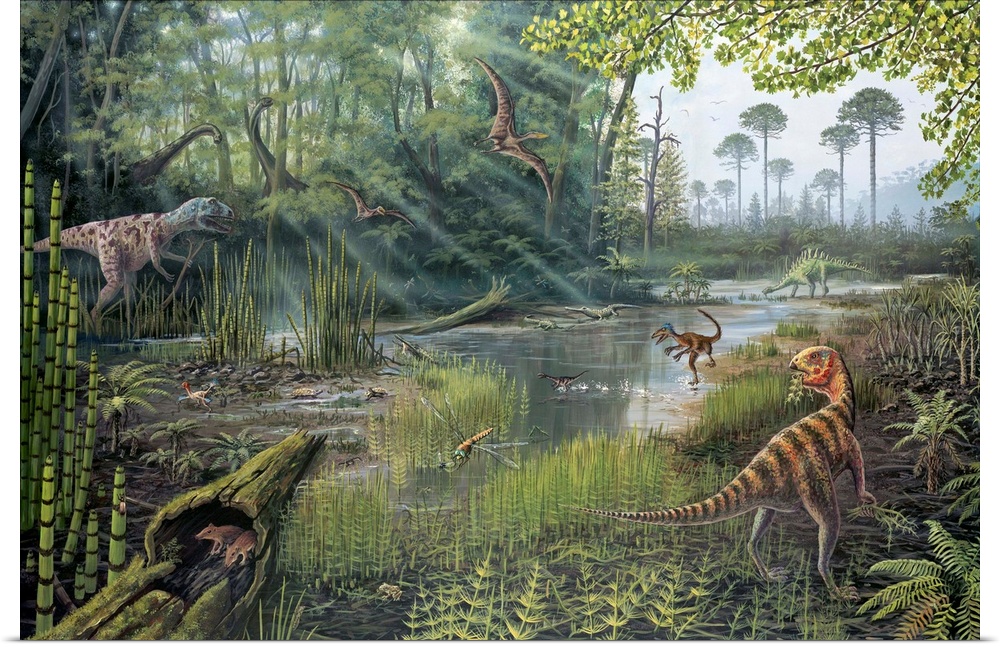 Jurassic life. Artwork of a forest full of prehistoric creatures that existed during the Jurassic Period (200 to 145 milli...