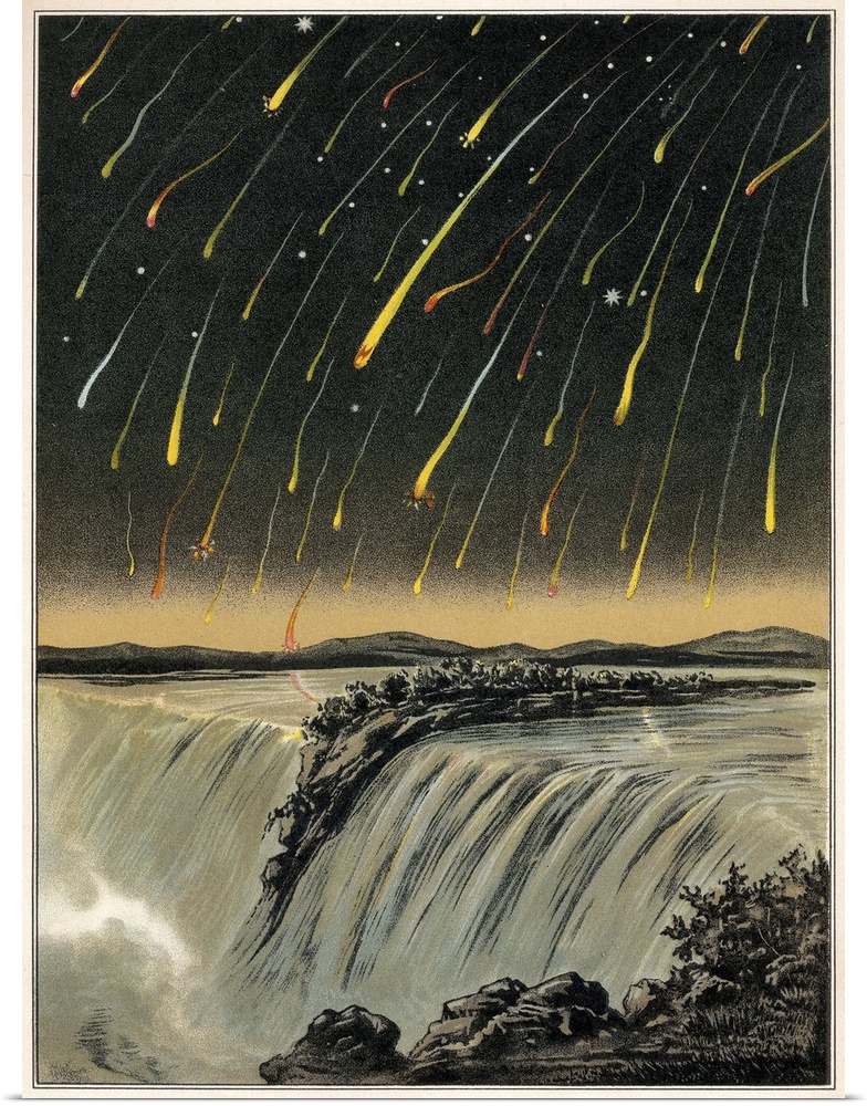 Leonid meteor shower of 1833. Historical artwork of the spectacular Leonid meteor shower of 13th November 1833 seen over t...