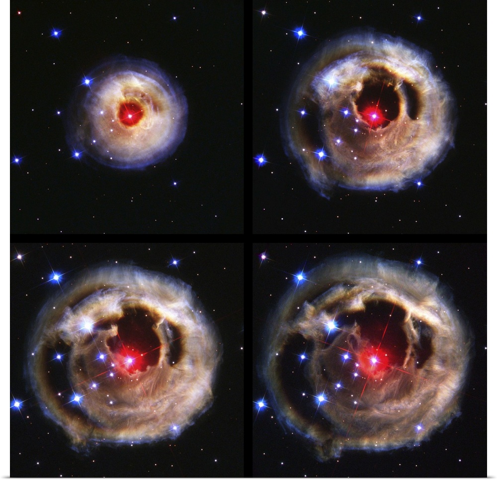 Light echoes from an exploding star. Sequence of four Hubble Space Telescope images of dust shells around the star v838 Mo...