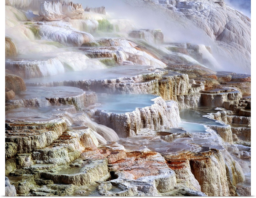 Mammoth Hot Springs mineral terrace in the Yellowstone National Park, Wyoming, USA. The terraces form at the outflow of ge...