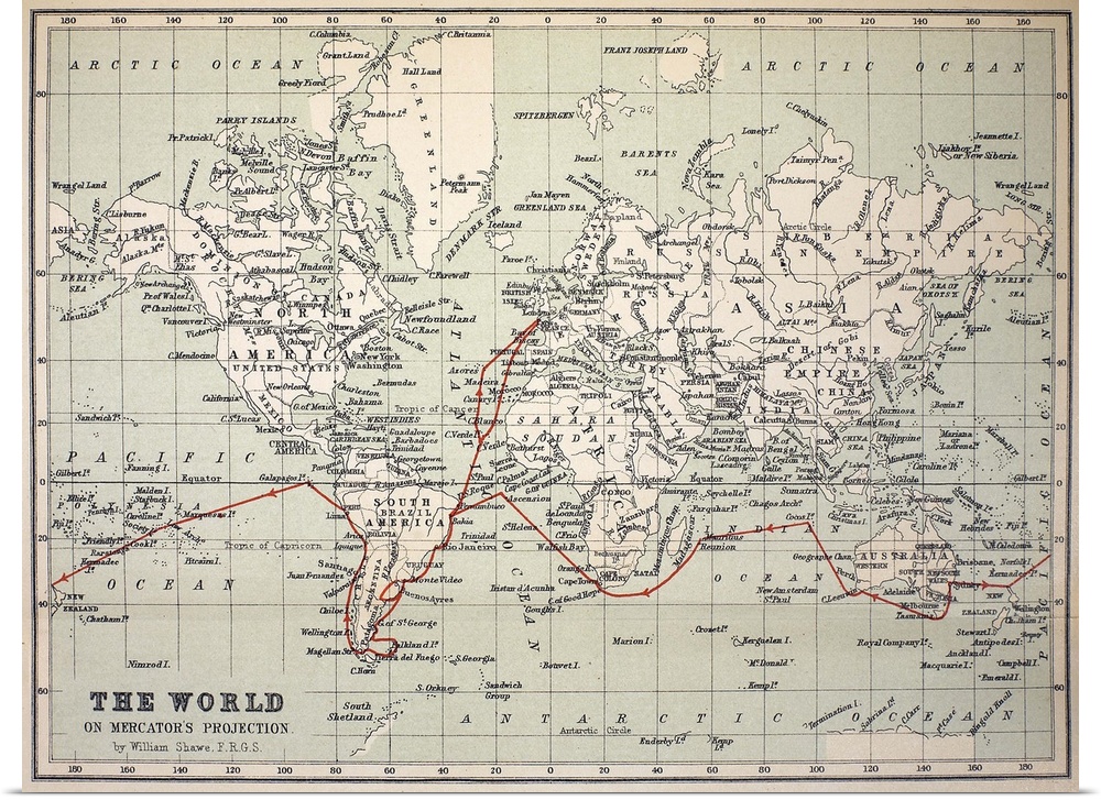 Map of the World with Voyage of the Beagle coloured in red. Appendix from \The Voyage of HMS Beagle\ by Charles Darwin (Co...