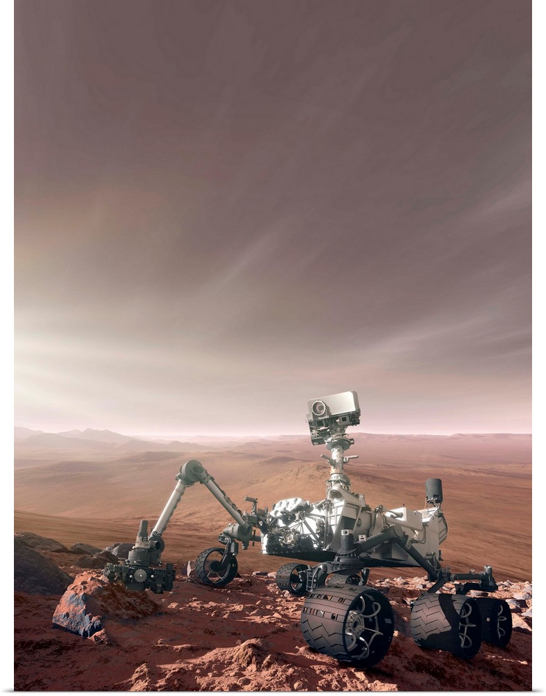 Curiosity rover. Computer artwork of the Mars Science Laboratory (MSL) mission rover, Curiosity, on the Martian surface. T...