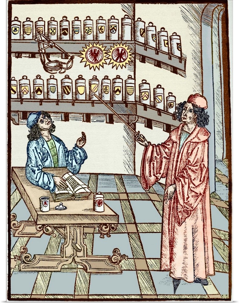 Medieval physician (right) and pharmacist (left), with a medical book and shelves of herbal and chemical remedies. This ar...