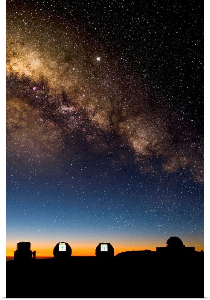 Milky way and observatories. These observatories are on the summit of Mauna Kea, Hawaii, USA. From left to right they are:...