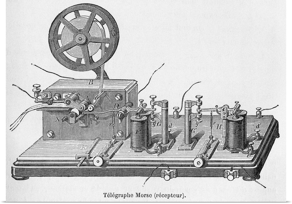 Morse's telegraph. Historical artwork of the receiver of a telegraph machine used to communicate in Morse code. The messag...