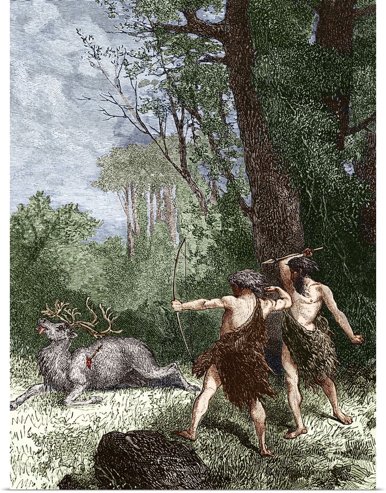 Hunting a stag with a bow and arrow. The bow and arrow came into use in the latter part of the Neolithic Era (circa 7000-3...
