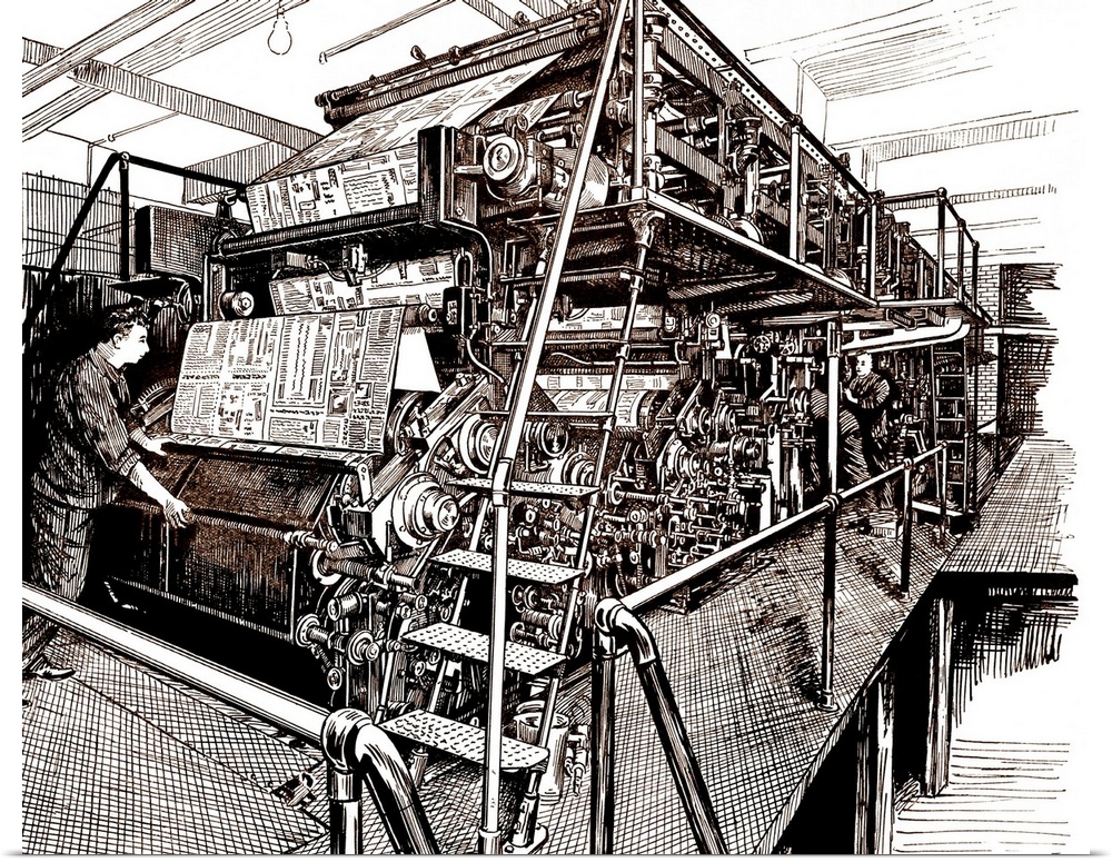 Newspaper press. Historical artwork of a 1931 double cylinder rotary web perfecting press used to produce newspapers. This...