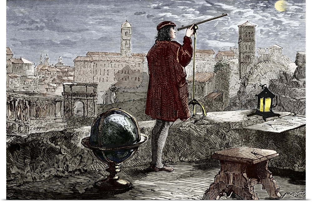 Nicolaus Copernicus (1473-1543) observing a lunar eclipse in Rome in 1500, coloured historical artwork. Copernicus was a P...