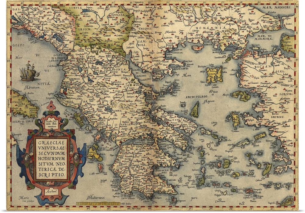 Ortelius's map of Greece. This map is from the 1570 first edition of Theatrum orbis terrarum ('Theatre of the World'). Dra...
