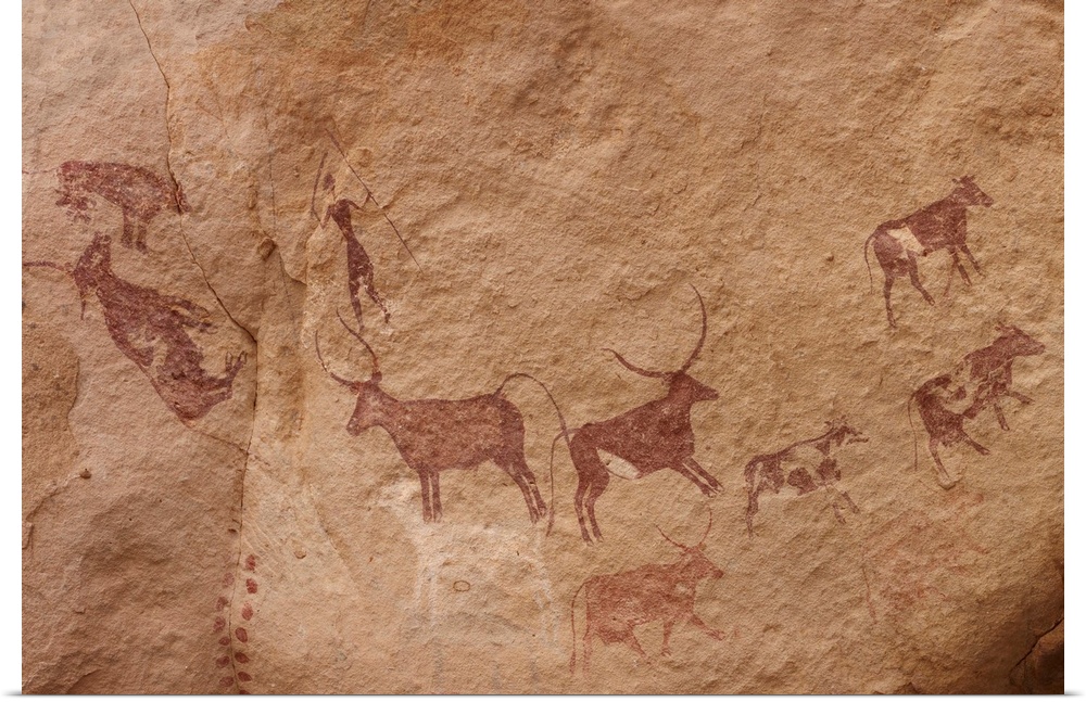 Pictograph of a Lion attack, Acacus, south west Libya, believed to have been painted around 9, 000 years ago. A dead auroc...